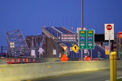 The Francis Scott Key Bridge in Baltimore after the cargo ship hit it, today