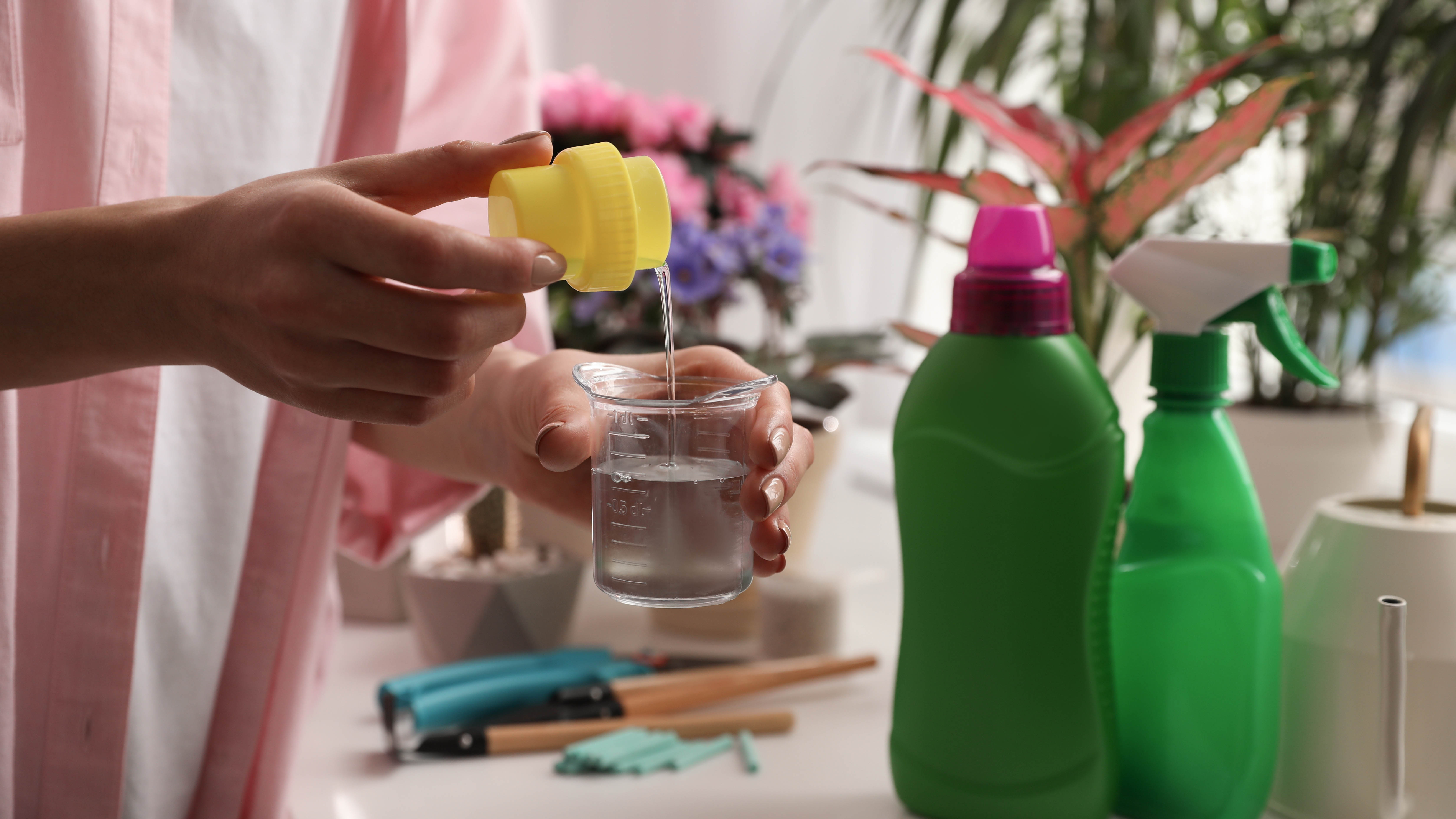 Pouring liquid flower food into a container