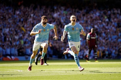 Phil Foden celebrates scoring the winning goal for Manchester City today