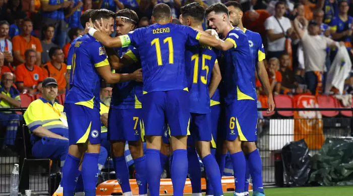 Bosnian national team players celebrate (Reuters)