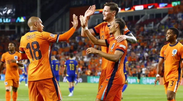 Dutch national team players celebrate (Reuters)