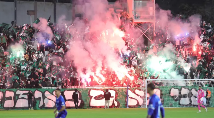 The fireworks in the stands of Maccabi Haifa (Omari Stein)